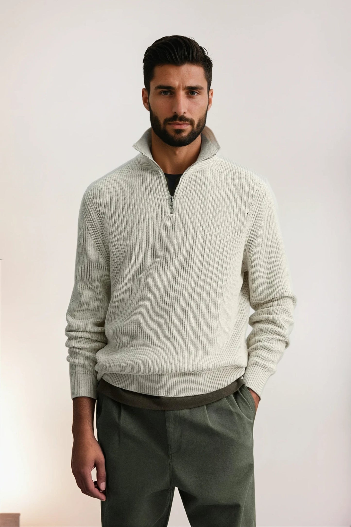 Cashwool ribbed sweater half zip white