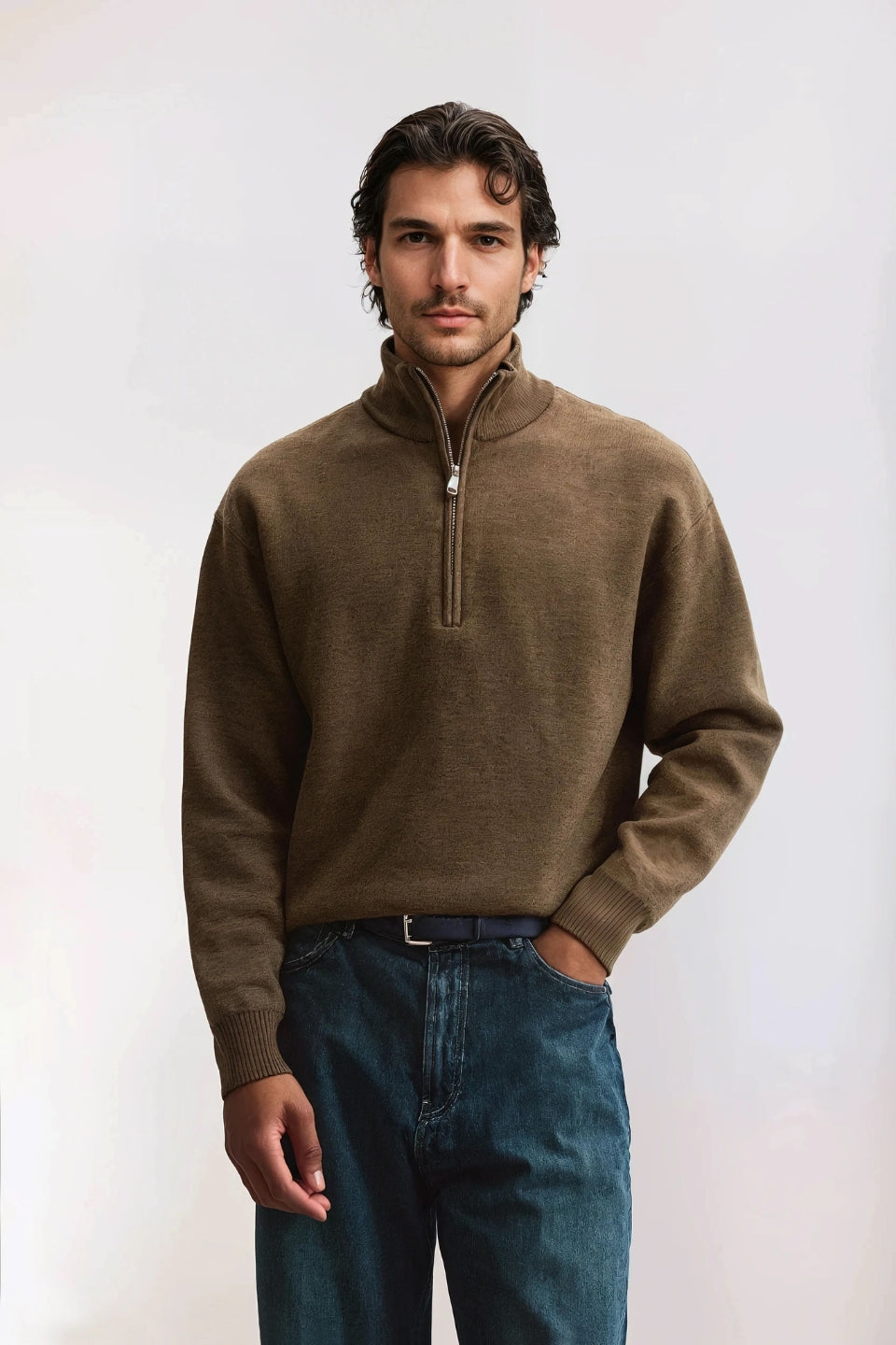 Cotton half zip sweater khaki-brown