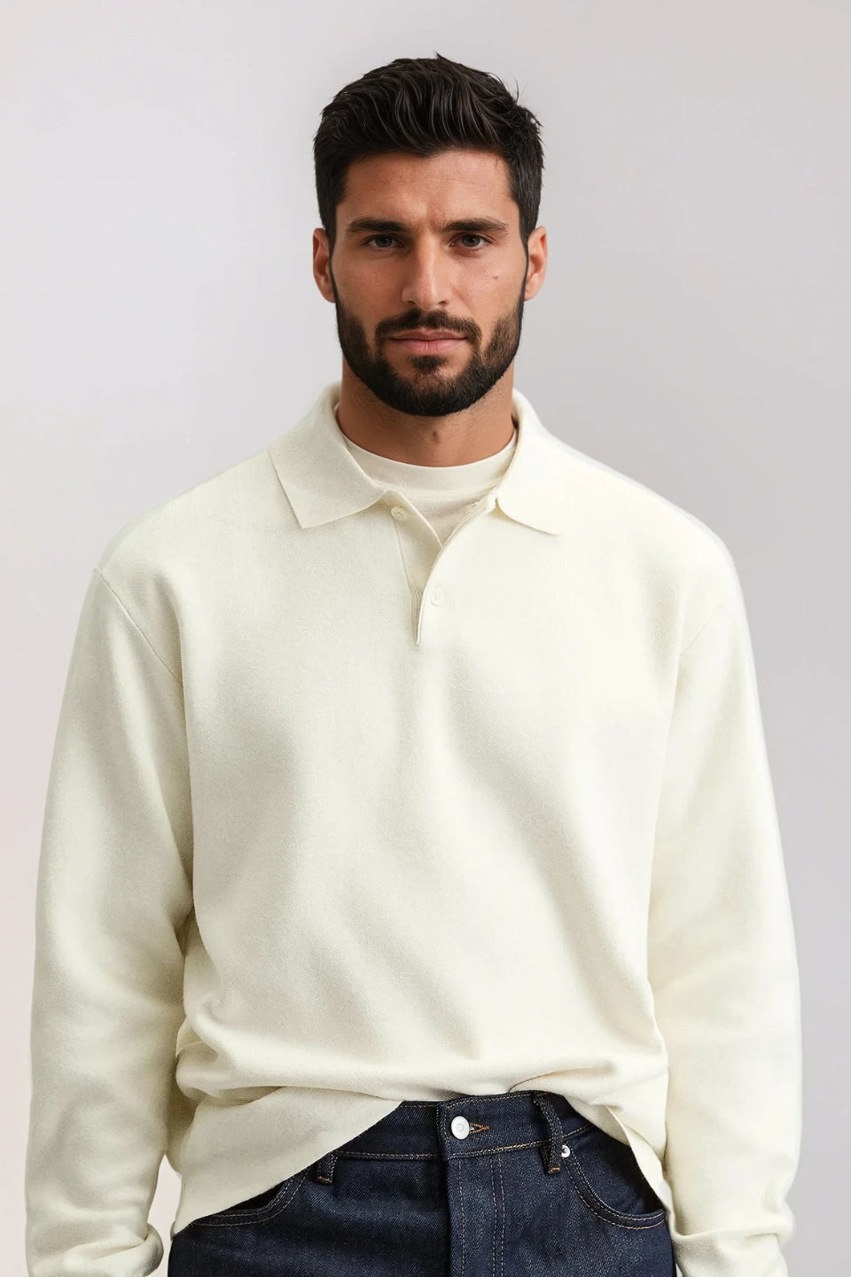 Cotton polo buttons long white