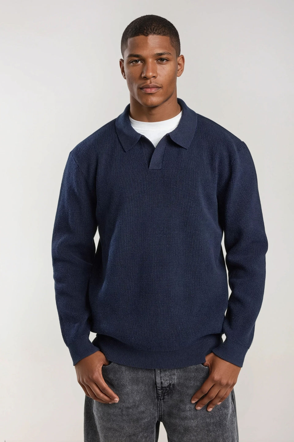 Cotton polo sweater with structure blue