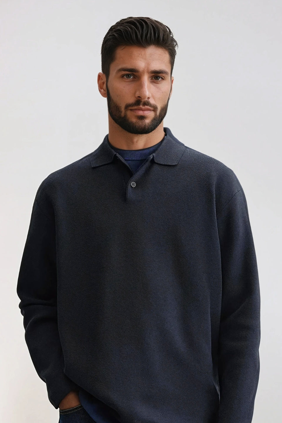 Cotton polo buttons long navy blue