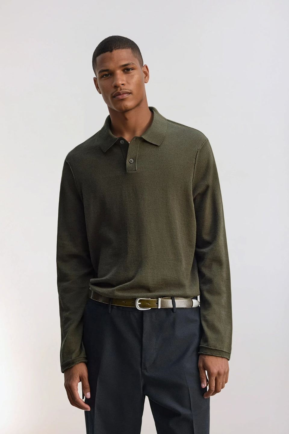 Cashmere polo buttons long khaki green