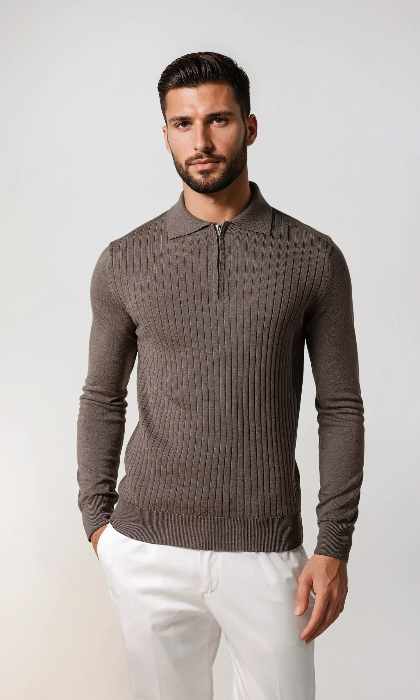 cashwool polo long half zip brown