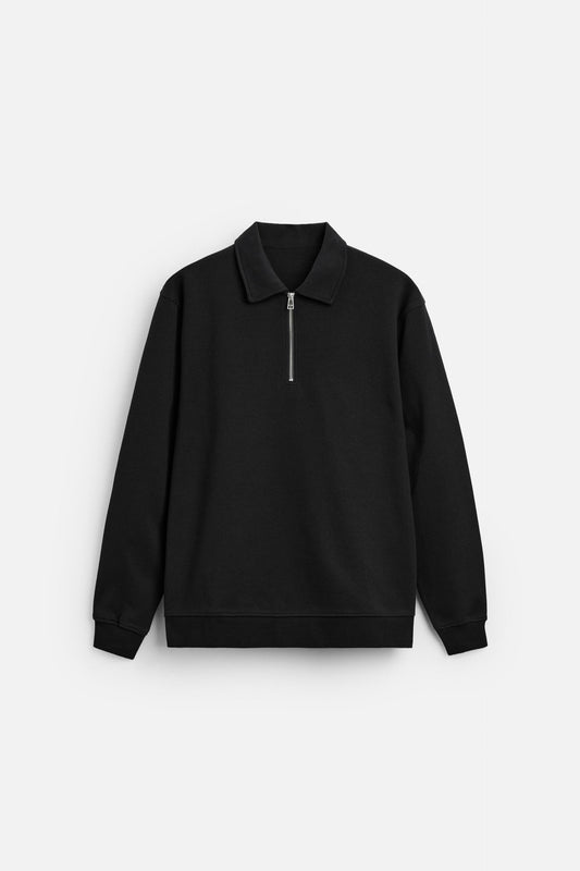 Cotton polo half zip black