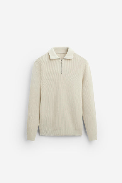 Cashwool ribbed sweater half zip white