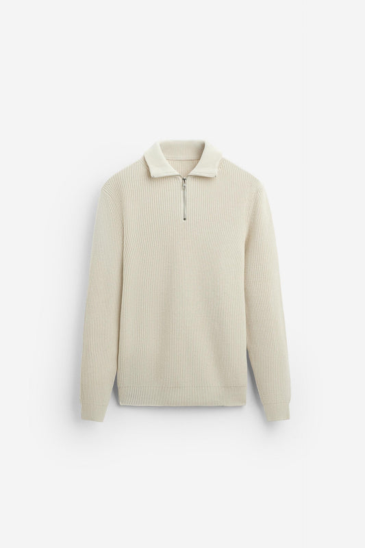 Cashwool ribbed sweater half zip white