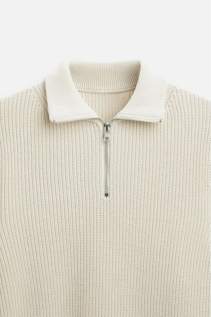 Cashwool ribbed sweater half zip white