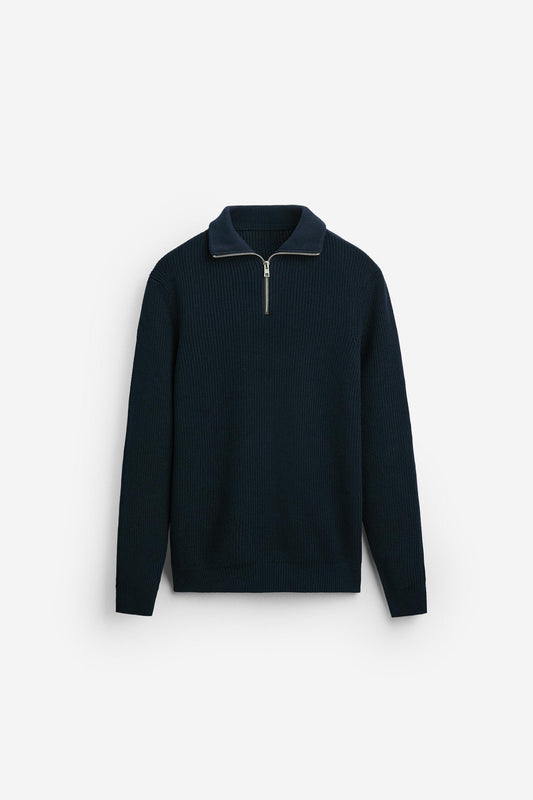 Cashwool ribbed sweater half zip navy blue