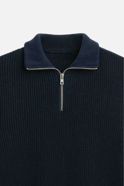 Cashwool ribbed sweater half zip navy blue