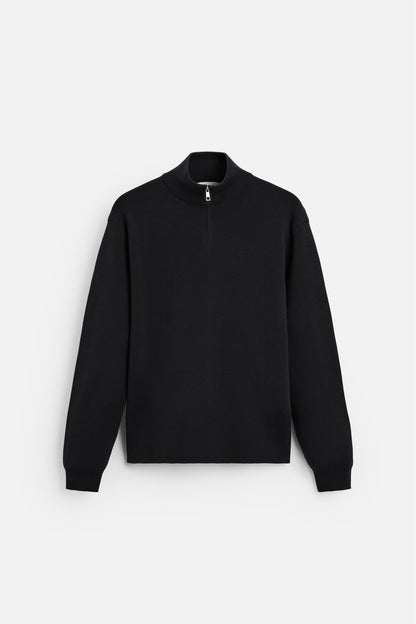 Cotton sweater with half zip black