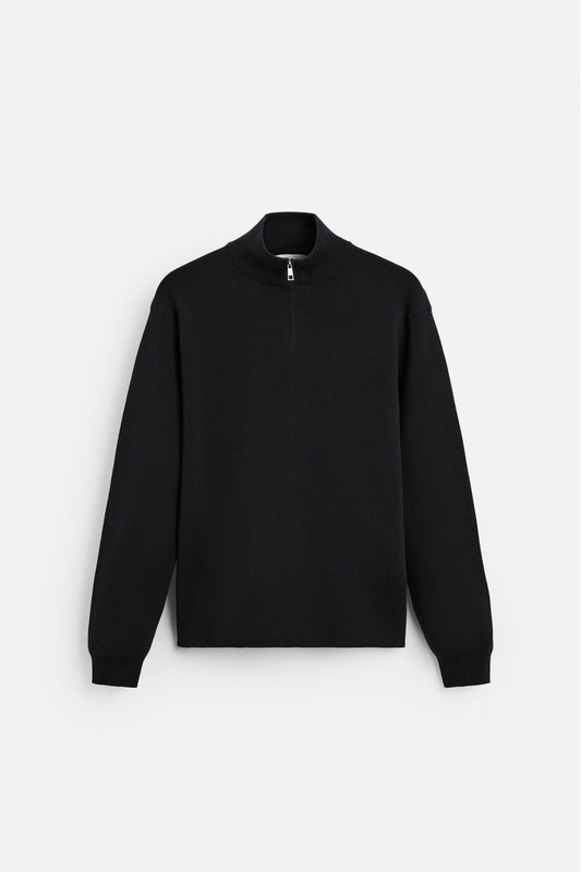 Cotton sweater with half zip black