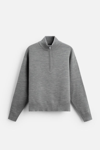 Cotton sweater with half zip gray