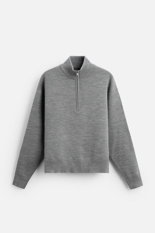 Cotton sweater with half zip gray