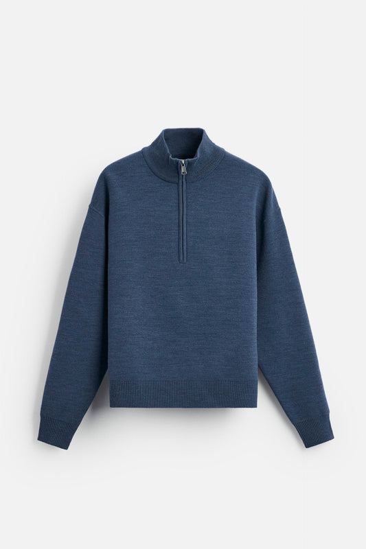 Cotton sweater with half zip blue