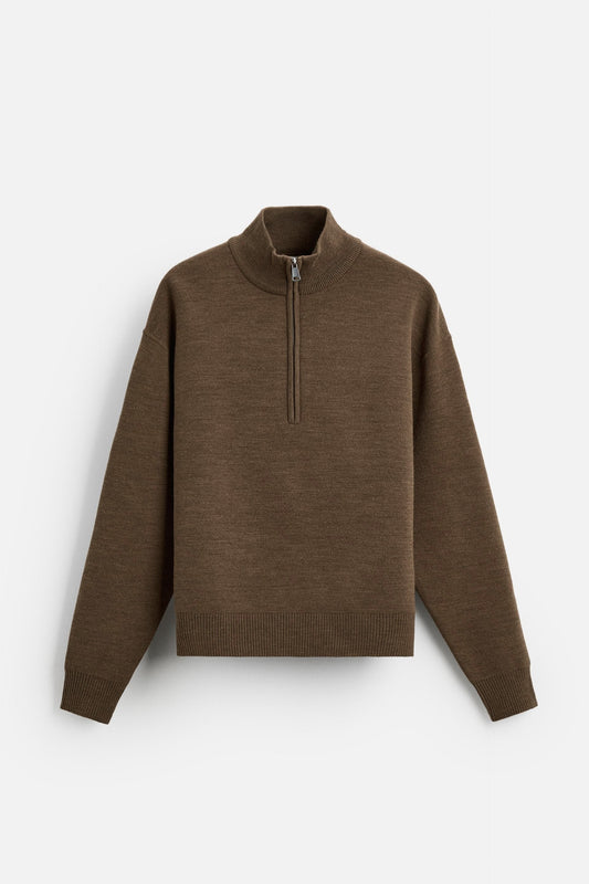 Cotton half zip sweater khaki-brown