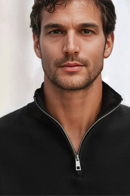 Cotton sweater with half zip black