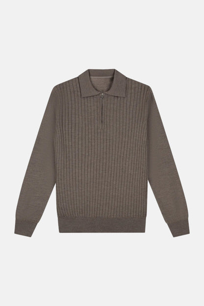 cashwool polo long half zip brown