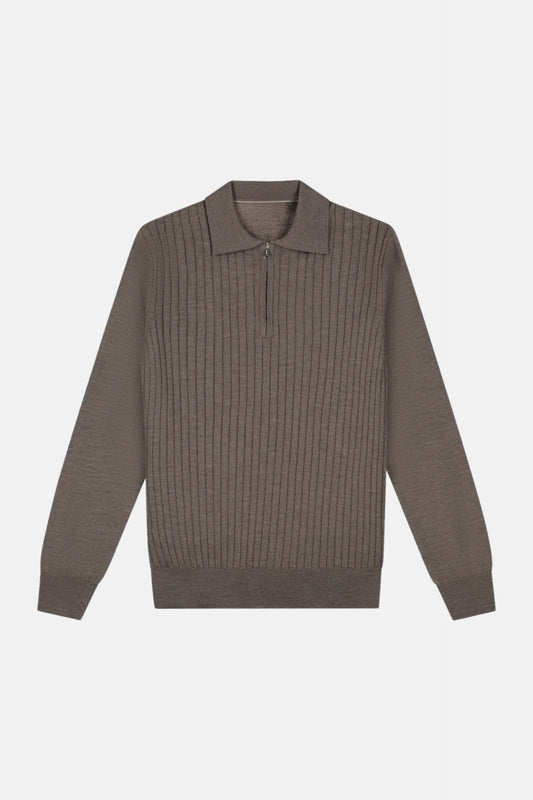 cashwool polo long half zip brown