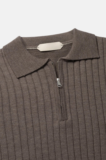 cashwool polo long half zip brown