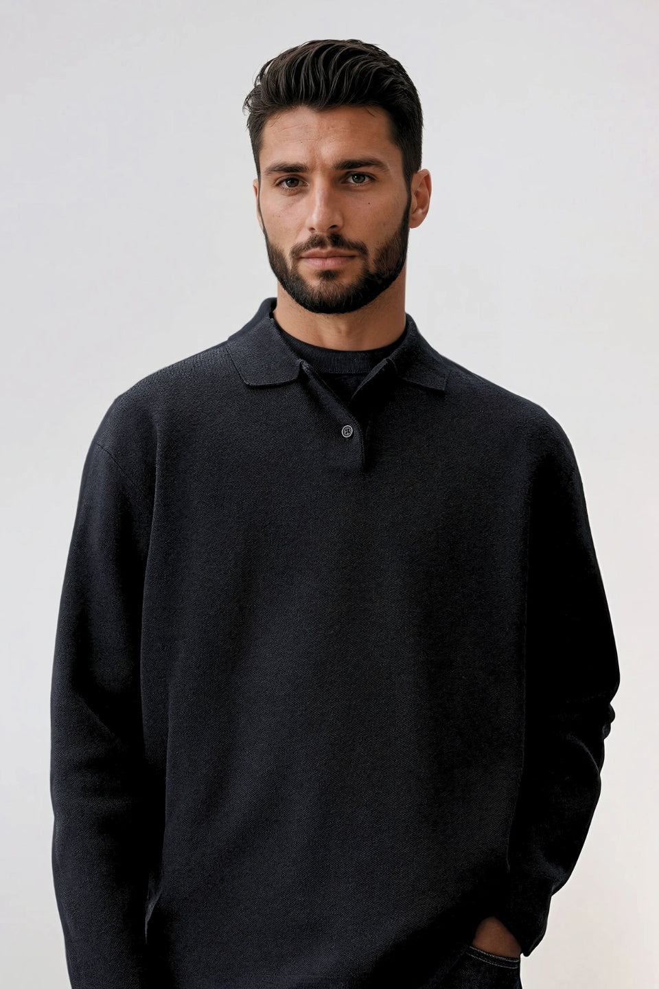 Cotton polo buttons long black
