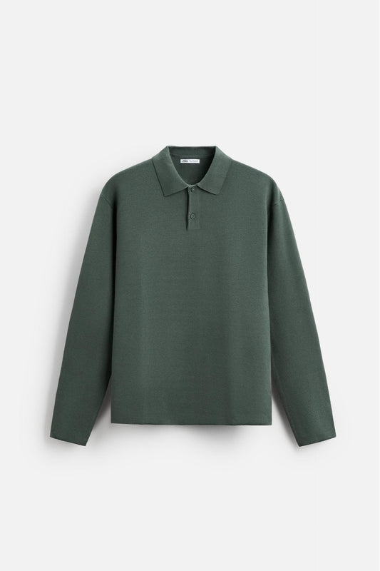 Cotton polo buttons long green