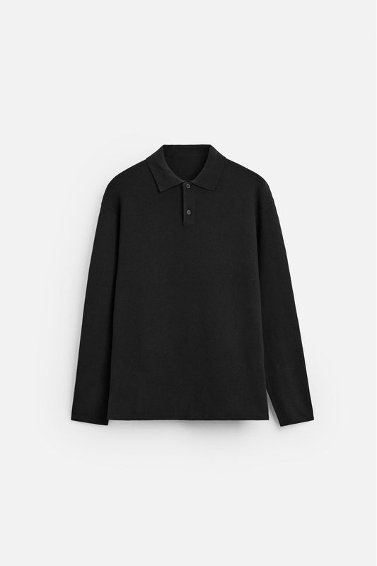 Cotton polo buttons long black