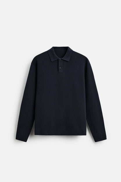 Cotton polo buttons long navy blue