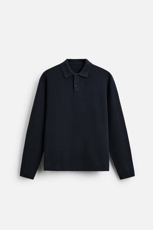 Cotton polo buttons long navy blue
