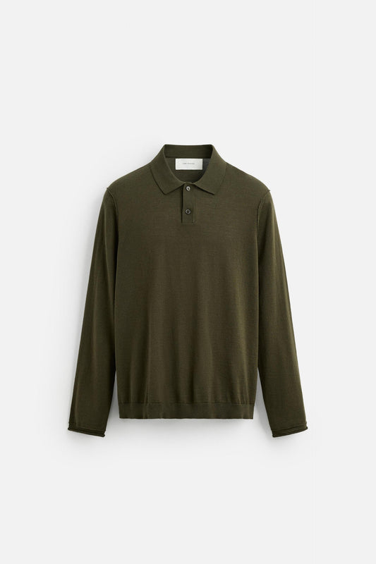 Cashmere polo buttons long khaki green