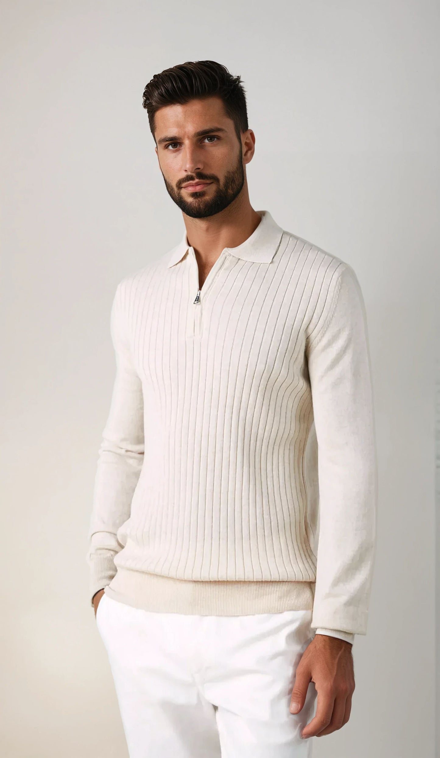 cashwool polo long half zip off white
