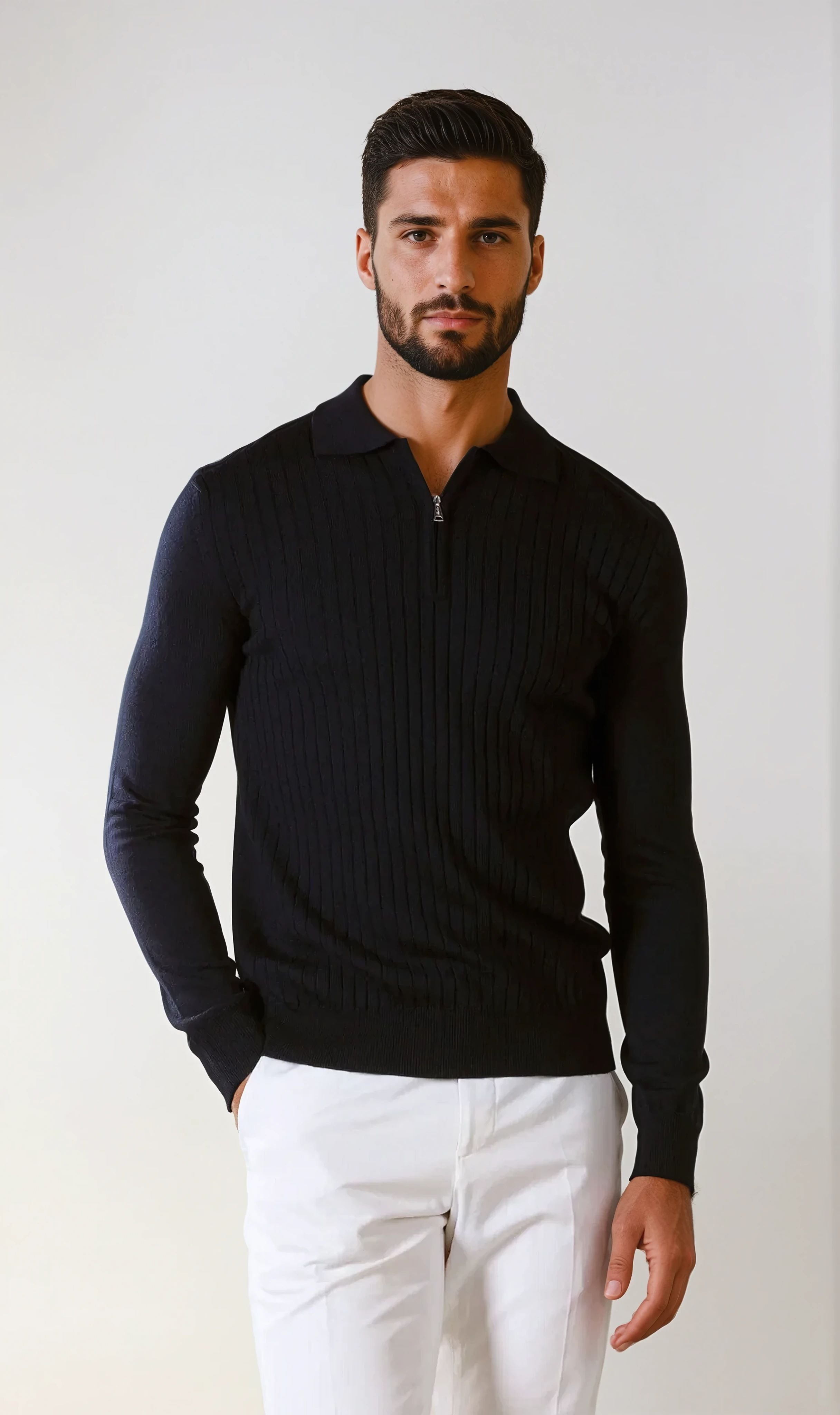 cashwool polo lang halve rits navy blauw